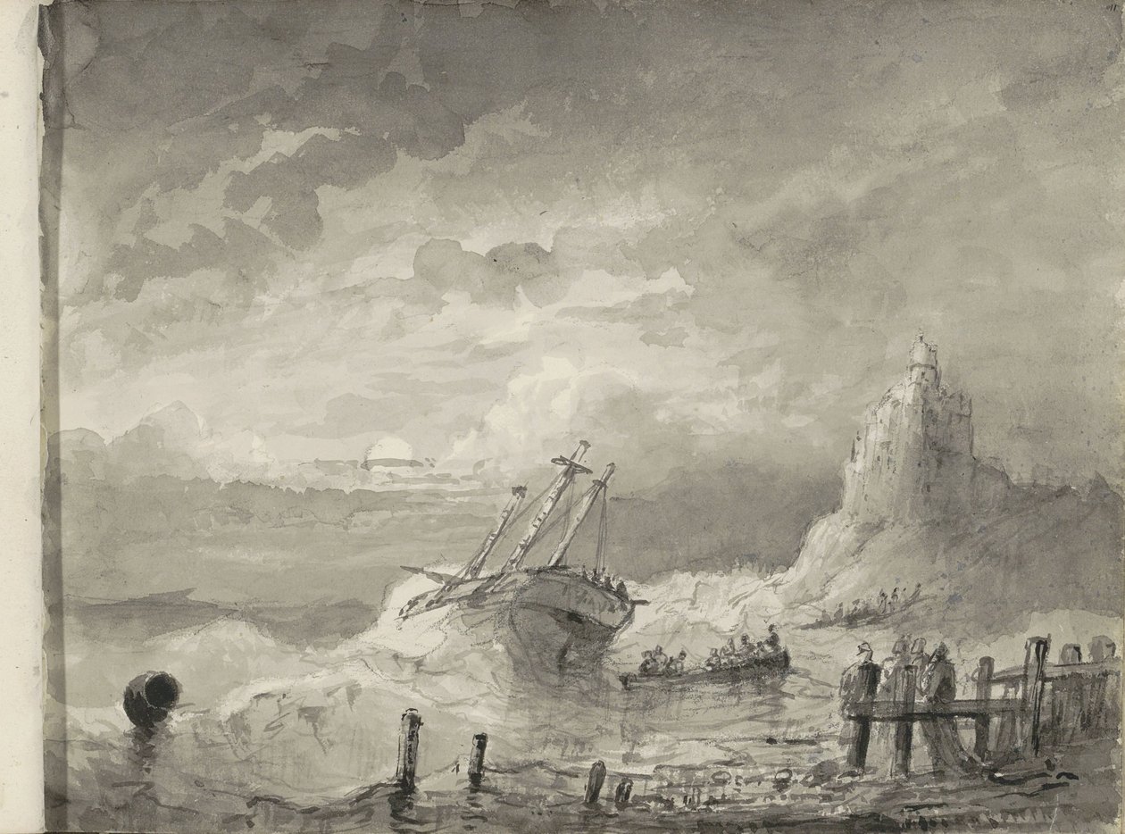 Schiff in Not vor einer Küste von Petrus Johannes Schotel (circle of)