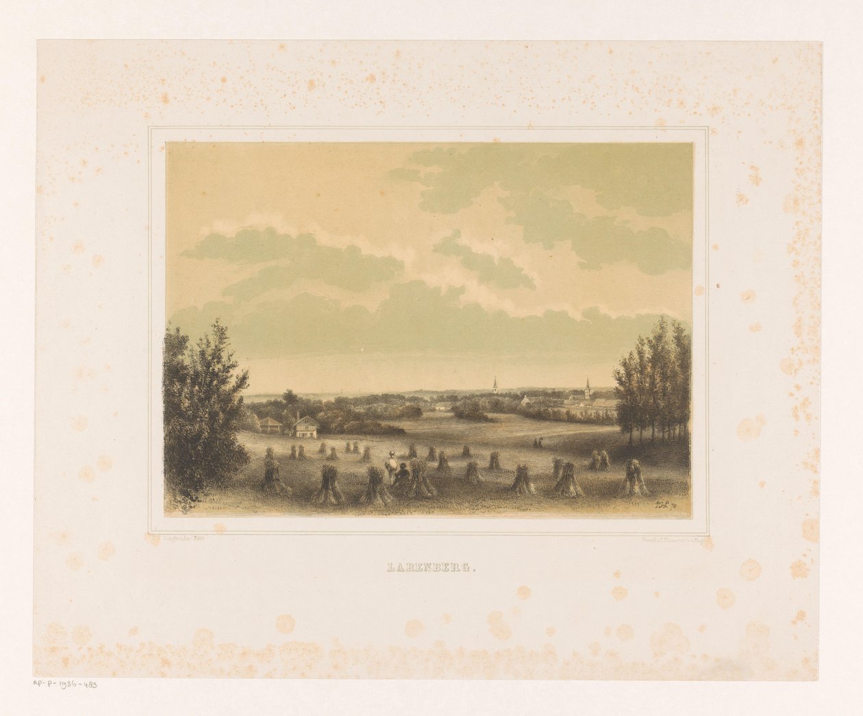 Ansicht einer Wiese mit Getreidegarben bei Landgut Larenberg von Petrus Josephus Lutgers