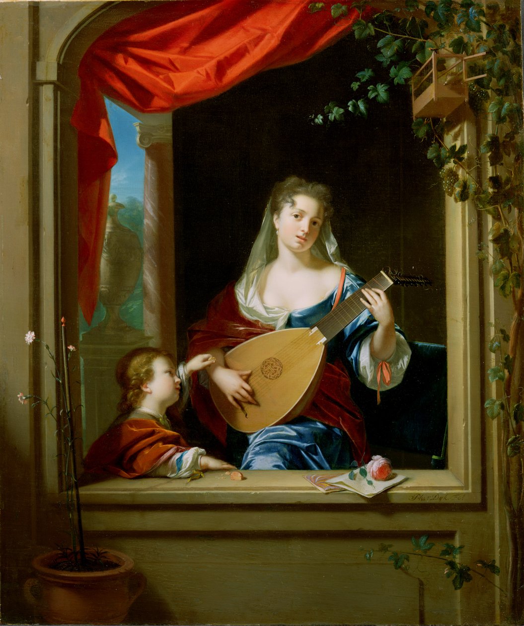 Elegante Dame spielt Laute am Fenster von Philip van Dyck
