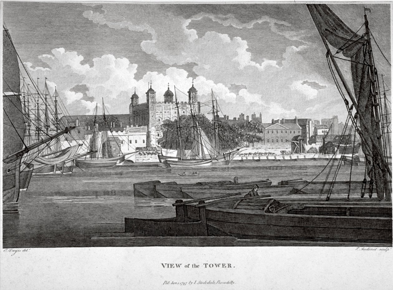 Blick auf den Tower of London mit Booten auf der Themse, ca. 1790 von Philip Audinet