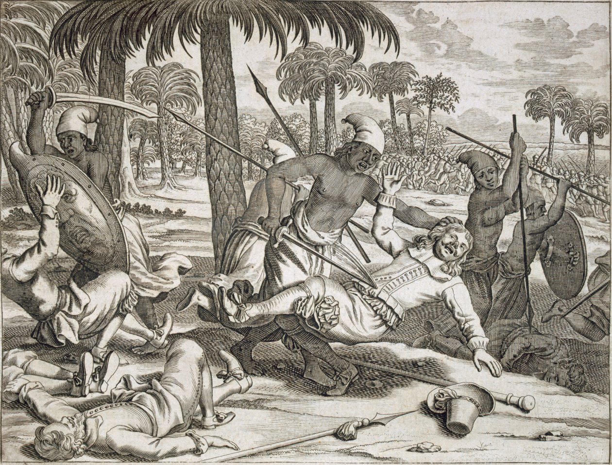 Der Mord an Herrn Koster durch die Singhalesen, Ceylon Sri Lanka, veröffentlicht 1672 von Philip Baldaeus
