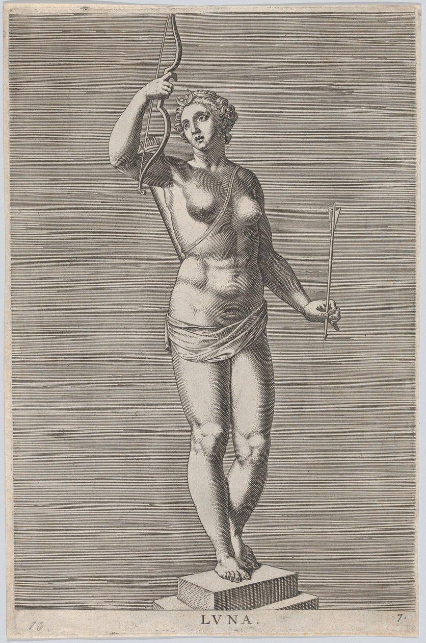 Tafel 7: Diana, Statue der nackten Göttin, die auf einem Sockel steht und einen Halbmond trägt, 1586 von Philip Galle