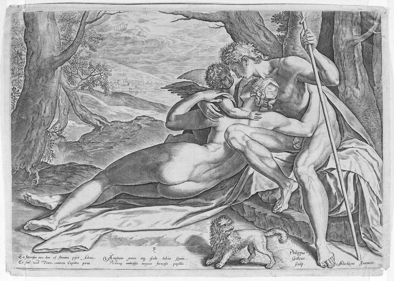 Venus und Adonis, aus der Serie Die Geschichte von Adonis, ca. 1579 von Philip Galle