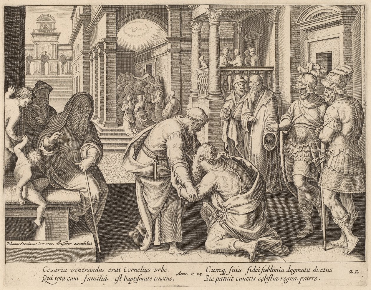 Cornelius verehrt den Heiligen Petrus von Philip Galle after Jan van der Straet