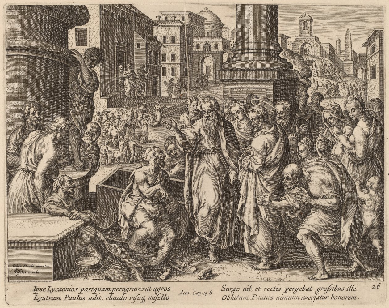 Der heilige Paulus heilt den Lahmen in Lystra von Philip Galle after Jan van der Straet