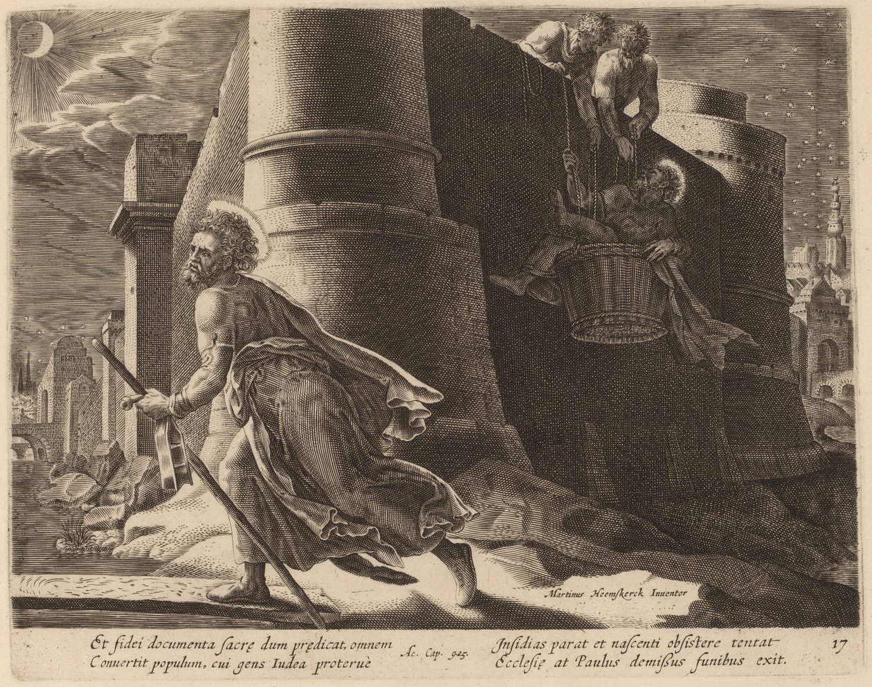 Sankt Paulus entkommt aus Damaskus von Philip Galle after Maerten van Heemskerck