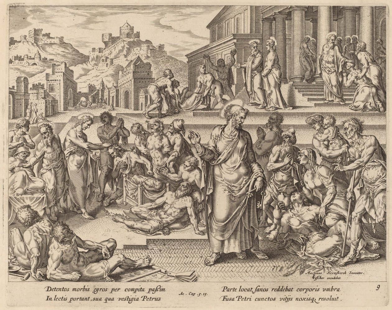 Der heilige Petrus heilt die Kranken mit seinem Schatten von Philip Galle after Maerten van Heemskerck