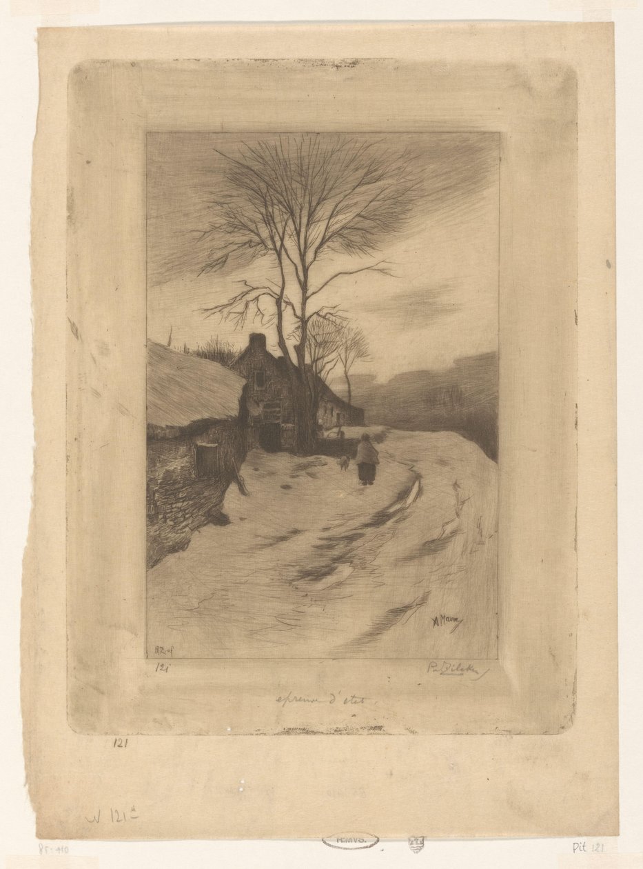 Bauernhöfe entlang einer Straße mit kahlen Bäumen von Philip Zilcken (signed by artist)
