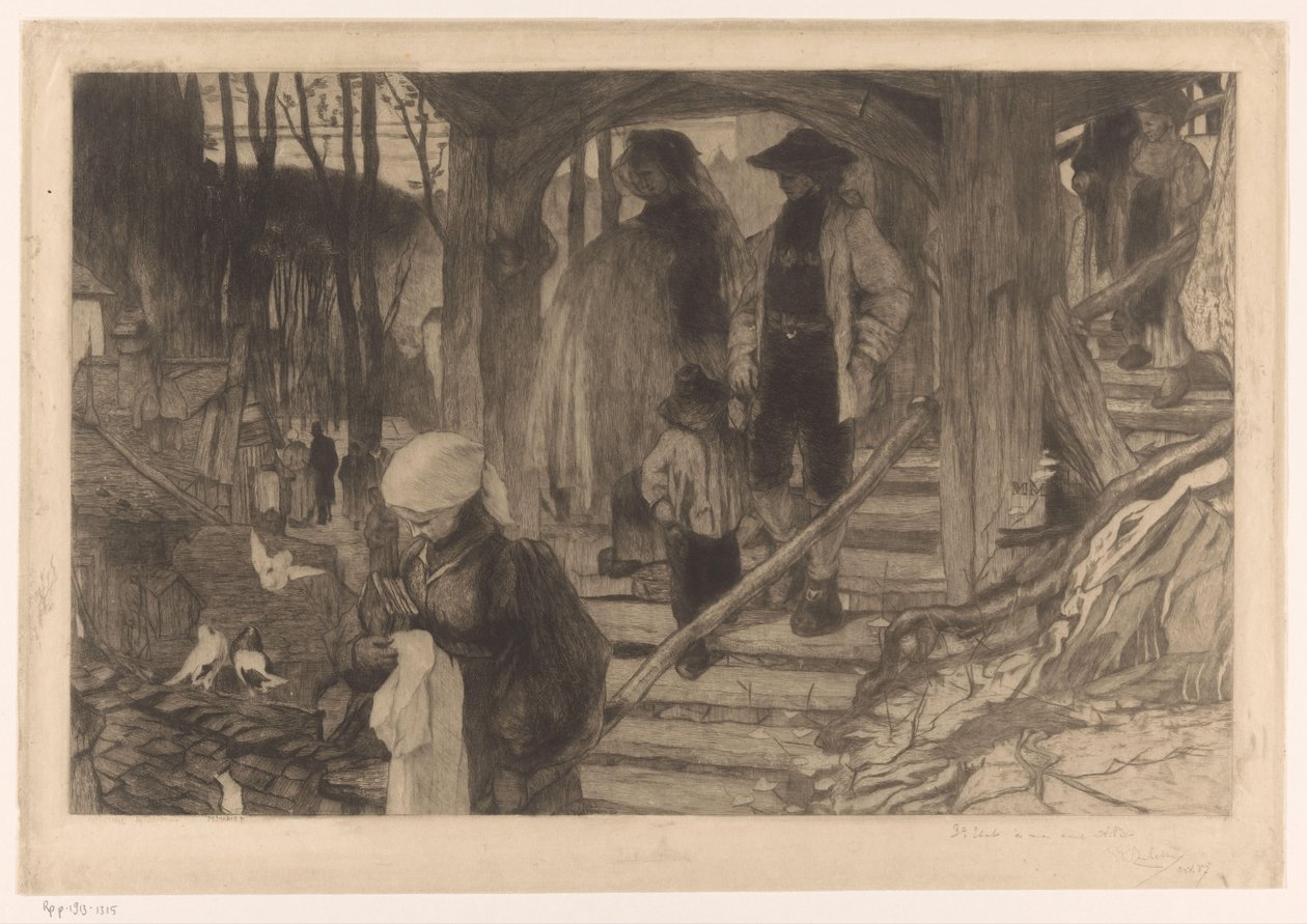 Bauern steigen eine Treppe hinunter (Baptême à Fribourg) von Philip Zilcken (signed by artist)