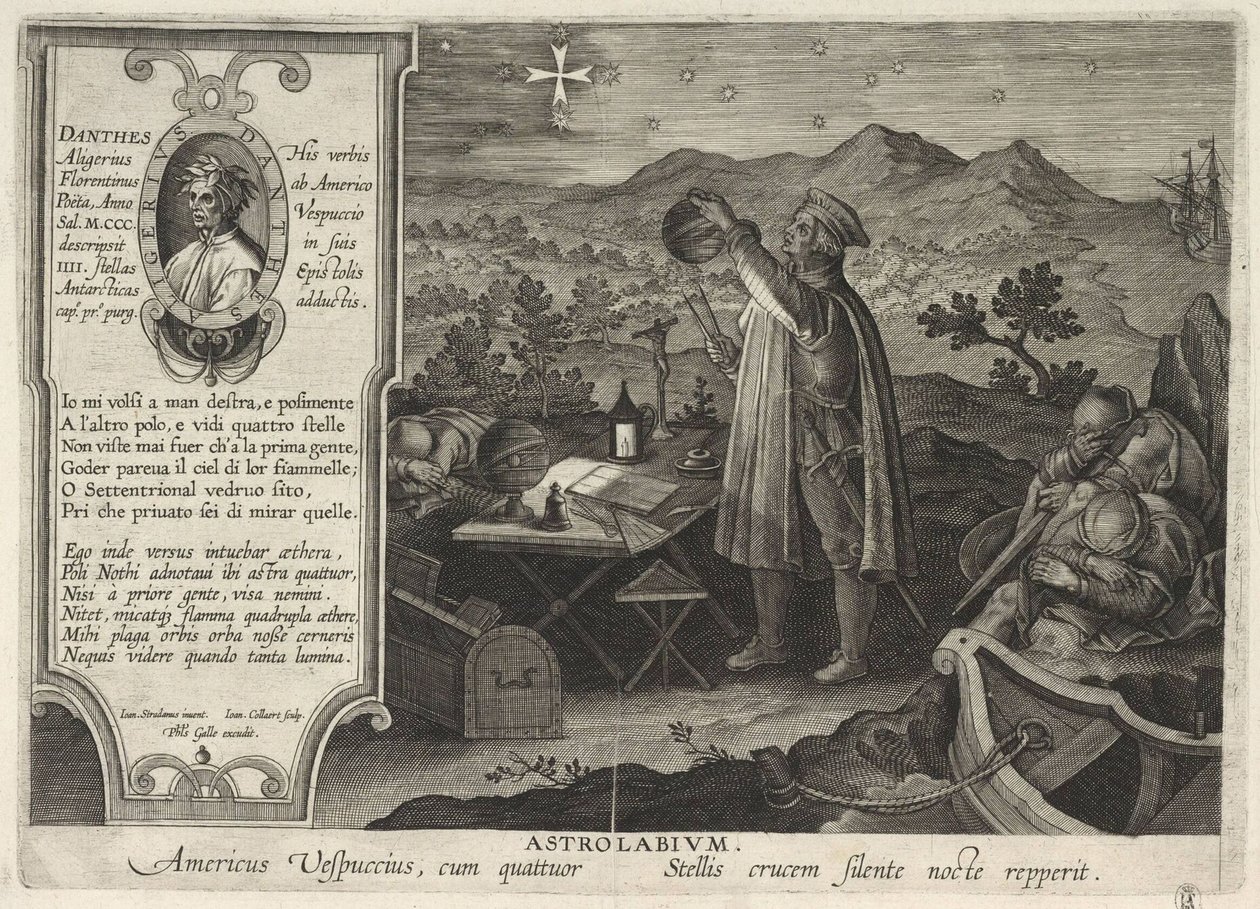 Amerigo Vespucci entdeckt das Sternbild Kreuz des Südens mit einem Astrolabium von Philipp Galle