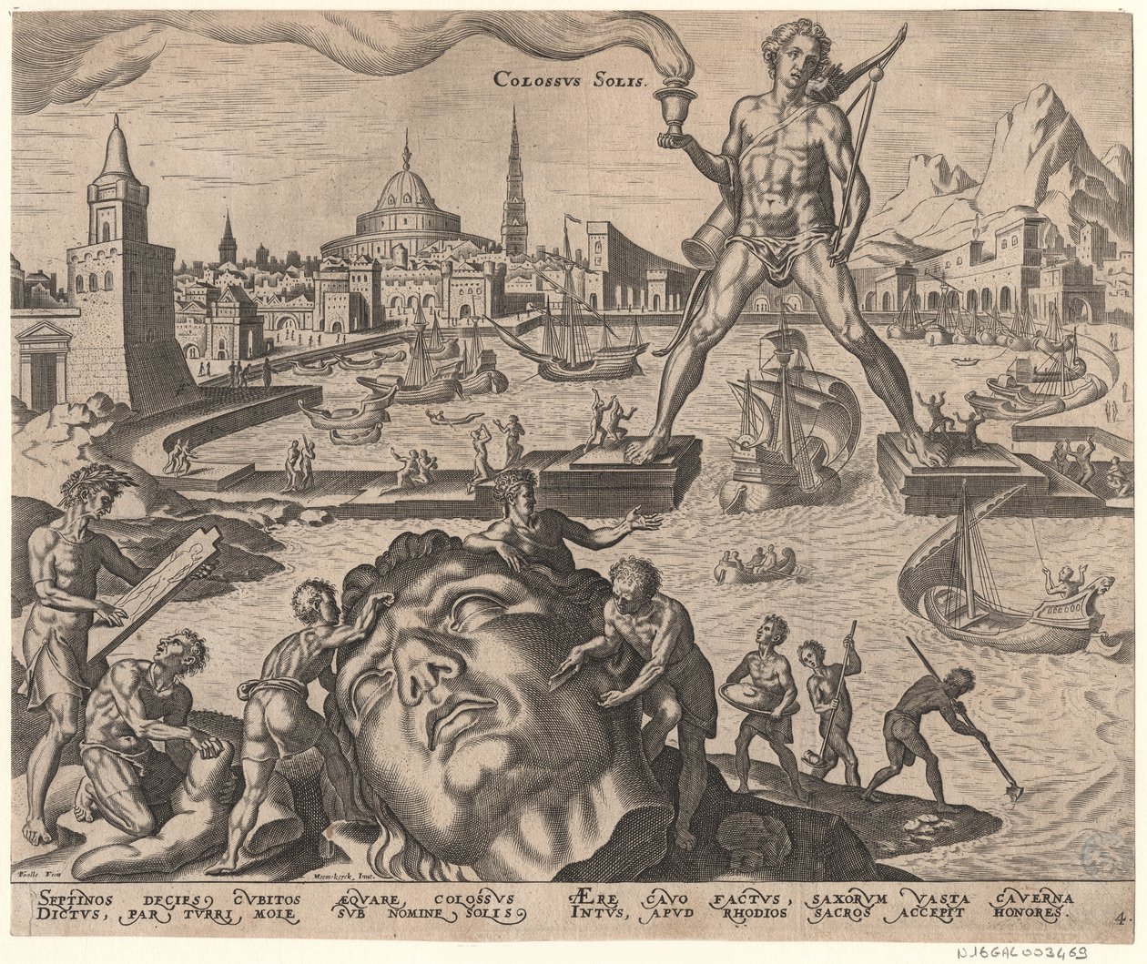 Der Koloss von Rhodos aus der Serie Die achte Weltwunder nach Maarten van Heemskerck, 1572 von Philipp Galle