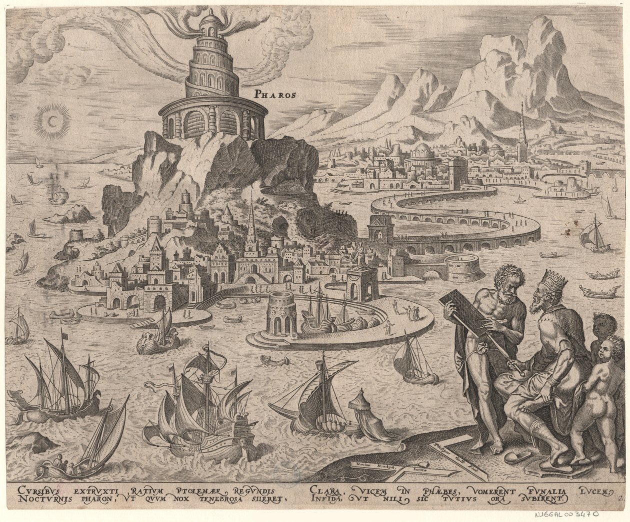 Der Leuchtturm von Alexandria aus der Serie Die acht Weltwunder nach Maarten van Heemskerck, 1572 von Philipp Galle