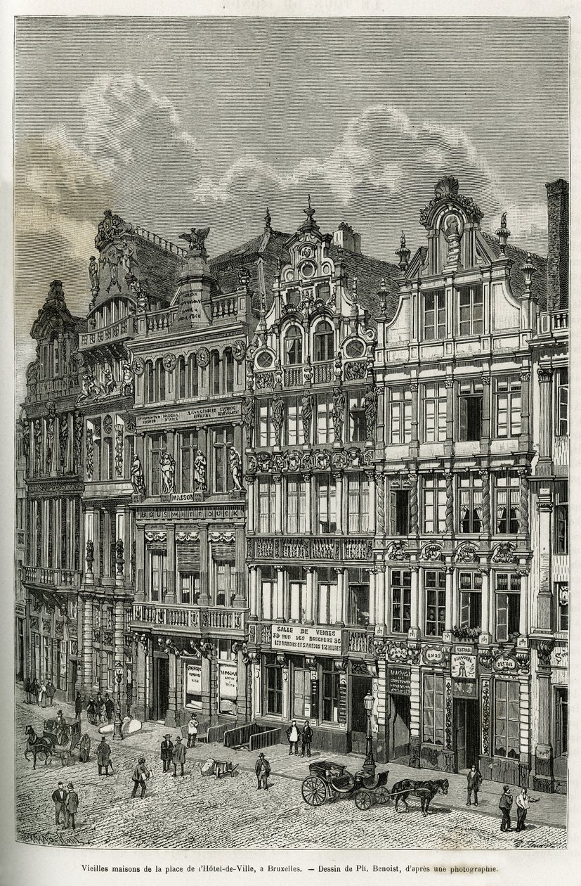 Alte Häuser auf dem Rathausplatz in Brüssel. Gravur von Ph. Benoist, zur Illustration der Geschichte Belgiens von Camille Lemonnier, veröffentlicht in Le tour du monde, unter der Leitung von Edouard Charton (1807-1890), Paris von Philippe Benoist