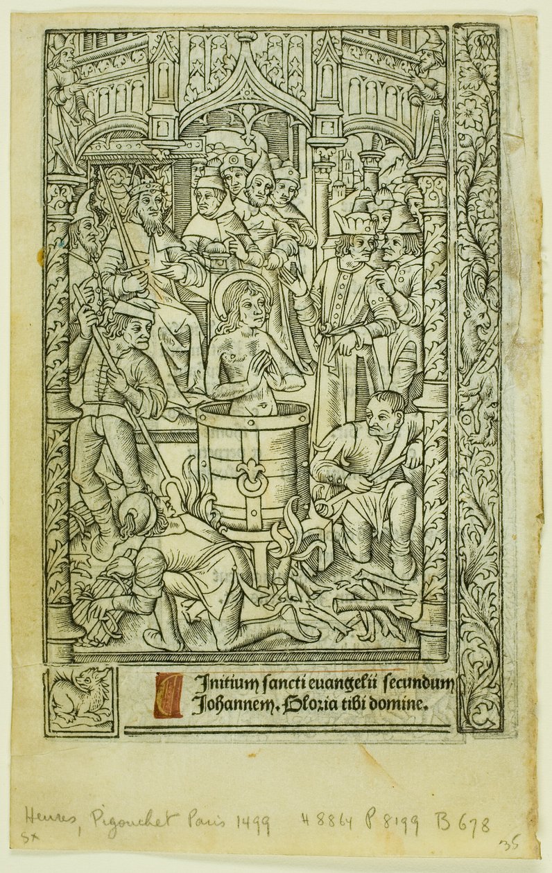 Das Martyrium des Heiligen Johannes des Evangelisten (recto) und Dezemberkalender (verso), aus dem Stundenbuch von Philippe Pigouchet