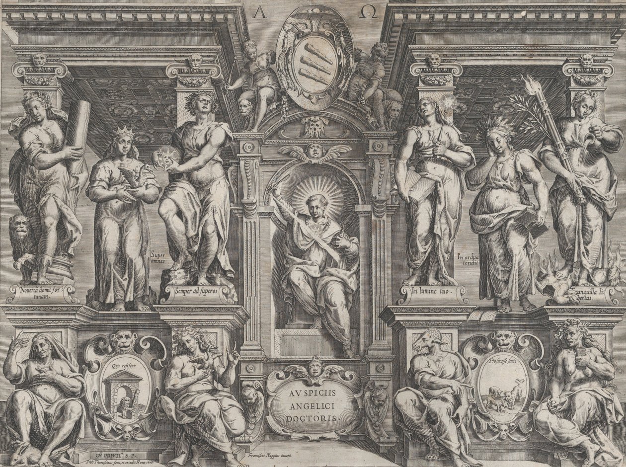 Allegorischer Thesendruck mit verschiedenen Figuren in einer architektonischen Struktur von Philippe Thomassin