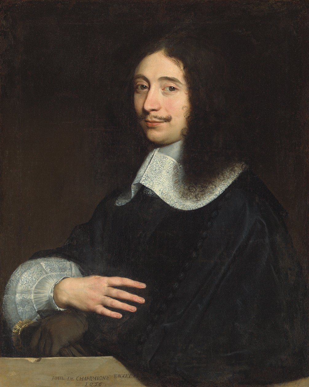 Porträt eines Gentlemans, traditionell identifiziert als Noël de Bullion, Halbfigur, in Schwarz mit Spitzenkragen und Ärmel, seine Handschuhe in der linken Hand, 1656 von Philippe de Champaigne