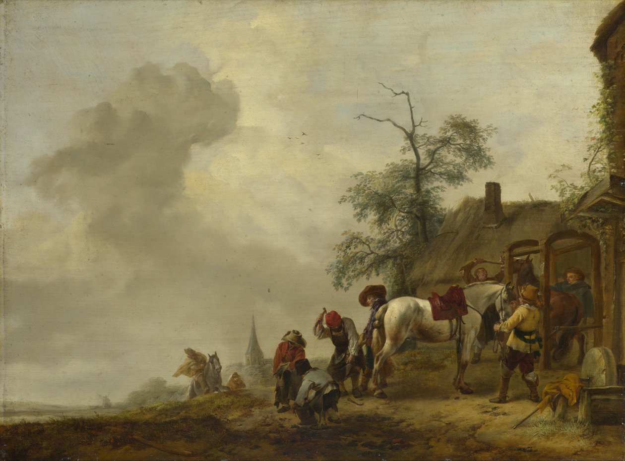 Ein Pferd wird vor einer Dorfschmiede beschlagen von Philips Wouwerman