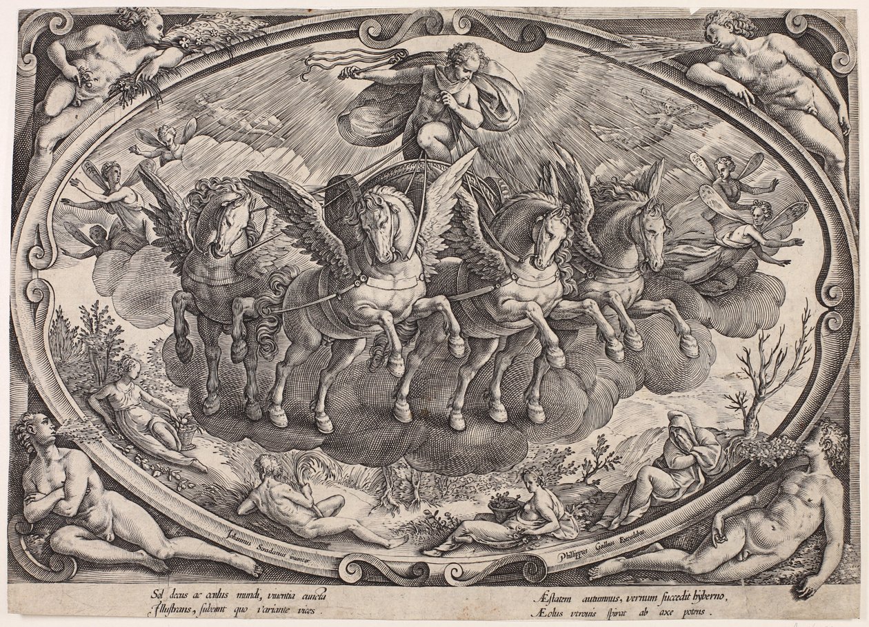 Apollo (Sol) mit dem Sonnenwagen (Die vier Jahreszeiten mit der Sonne, Titelblatt) von Philips Galle