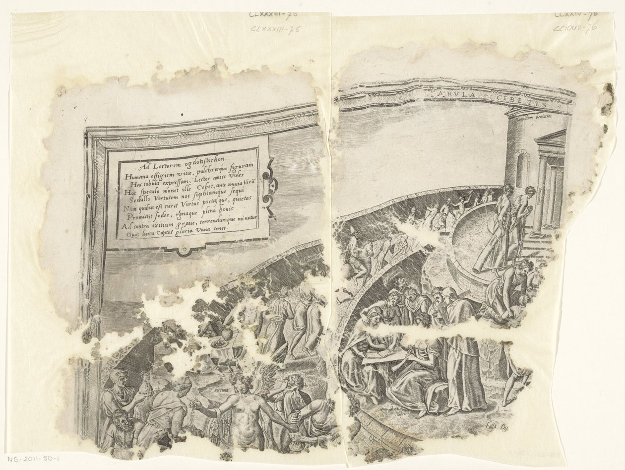 Linkeroberer Ecke eines Drucks der Szene von Cebes (Tabula Cebetis Carta Vitae) von Philips Galle