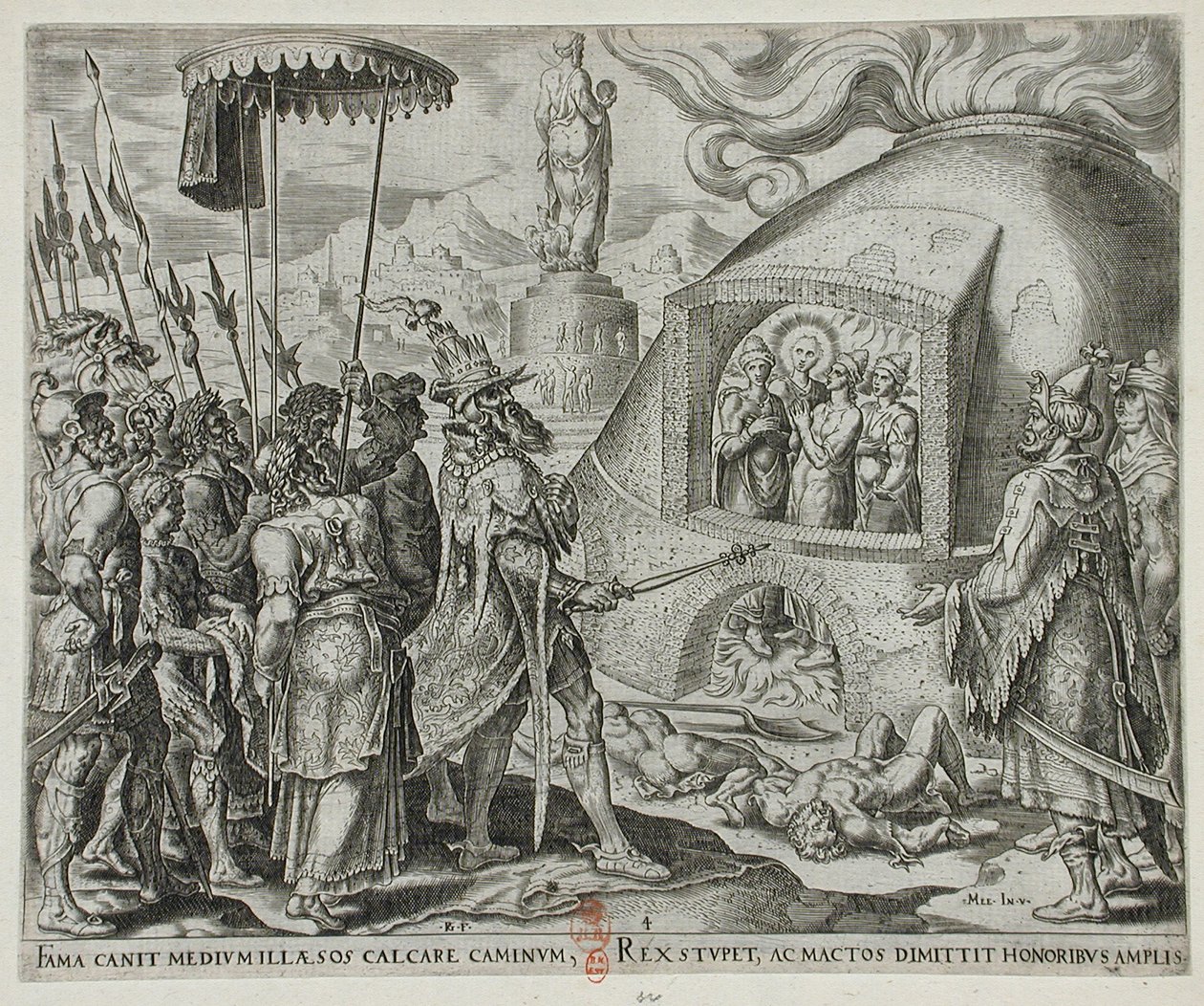 Nebukadnezar sieht die drei Juden unversehrt in den Flammen von Philips Galle