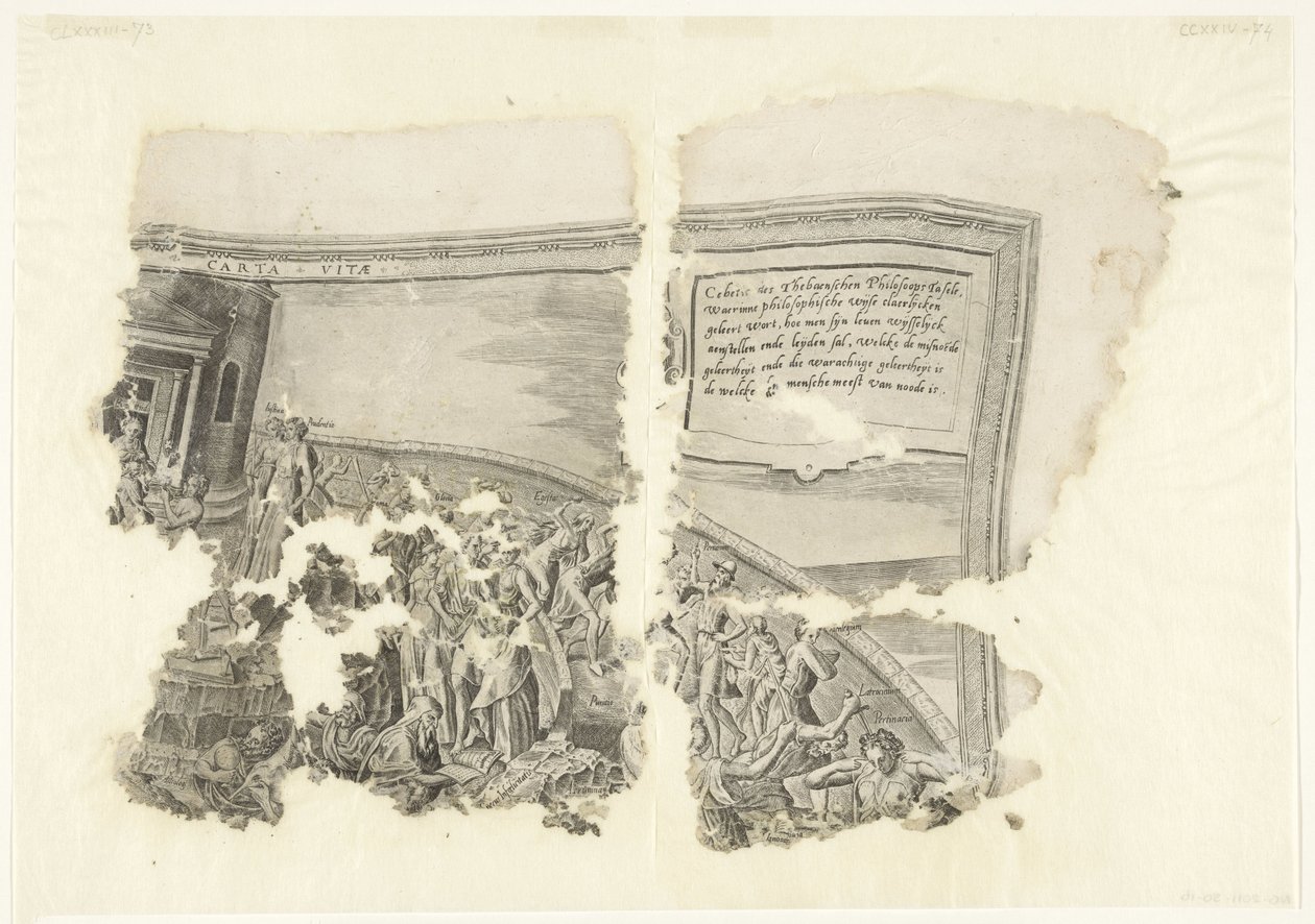Rechteroberer Ecke einer Druckgrafik der Szene von Cebes (Tabula Cebetis Carta Vitae) von Philips Galle
