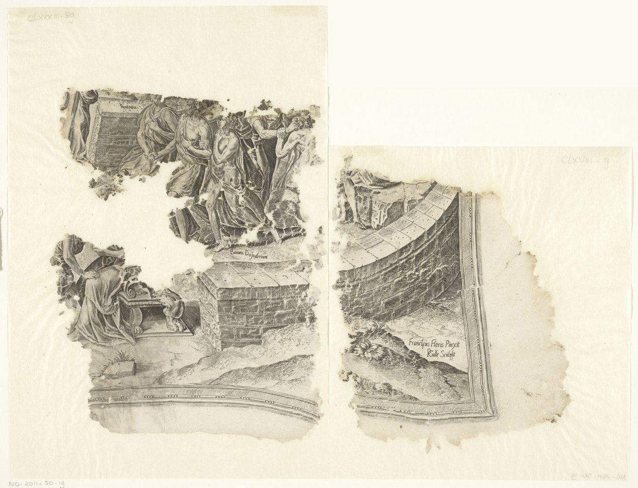 Rechteruntere Ecke einer Druckgrafik der Szene von Cebes (Tabula Cebetis Carta Vitae) von Philips Galle