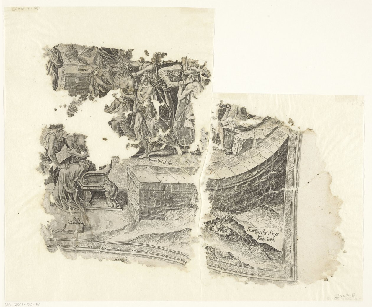 Rechteruntere Ecke einer Druckgrafik der Szene von Cebes (Tabula Cebetis Carta Vitae) von Philips Galle