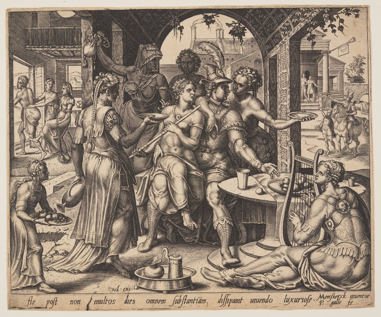 Der verlorene Sohn verschwendet sein Erbe mit Dirnen, aus dem Gleichnis vom verlorenen Sohn von Philips Galle