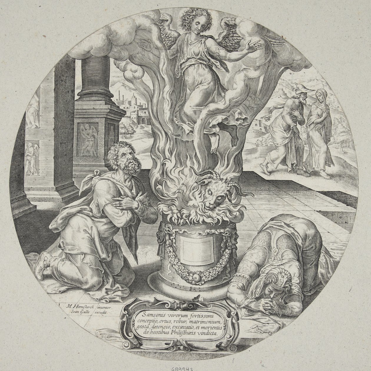 Der Engel steigt in der Flamme auf dem Altar von Manoach und seiner Frau auf von Philips Galle