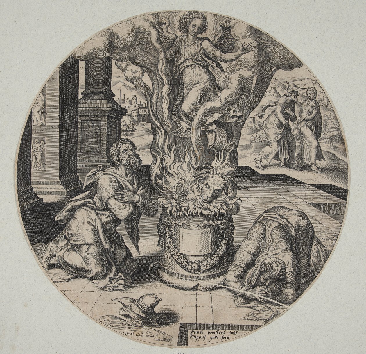 Der Engel steigt in der Flamme auf dem Altar von Manoah und seiner Frau auf von Philips Galle