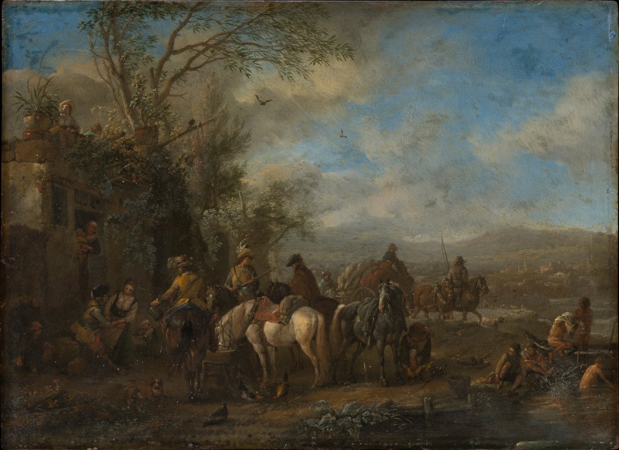 Bewaffnete Reiter vor einem Gasthof von Philips Wouwerman