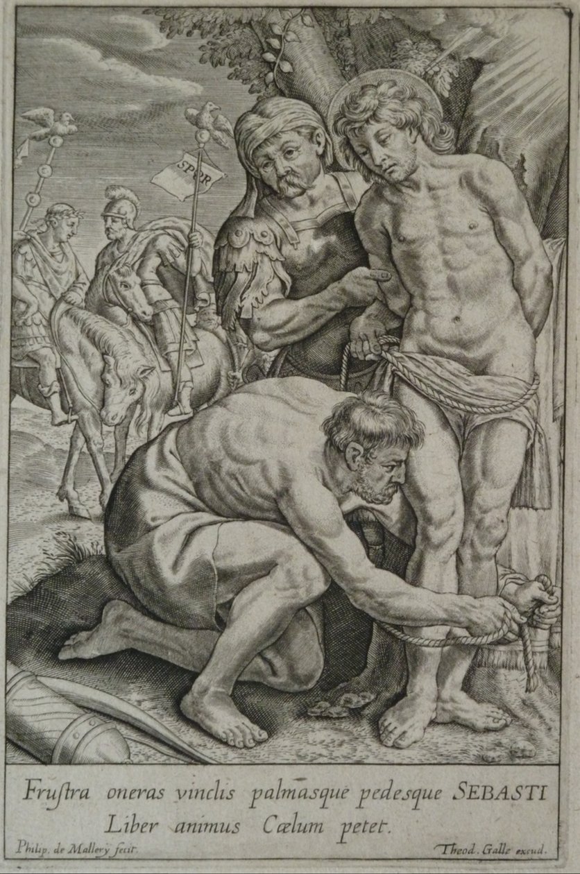 Der heilige Sebastian wird von zwei Soldaten an einen Baum gebunden von Philips van Mallery