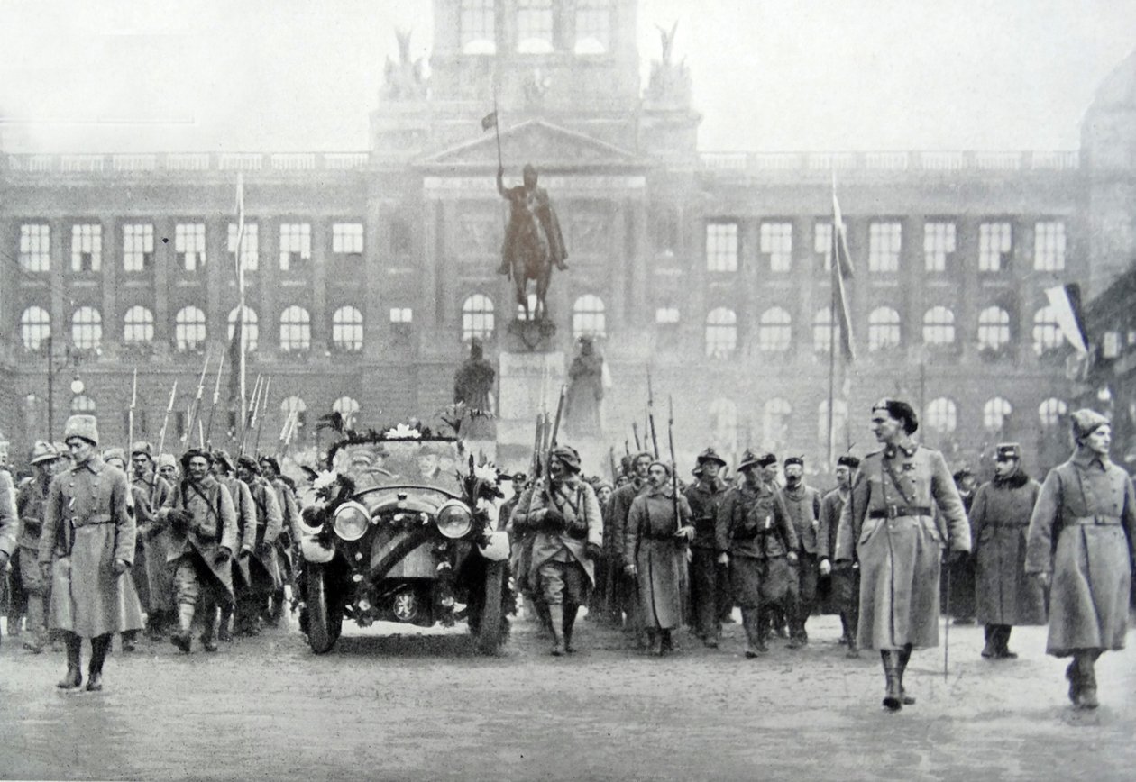 Tschechische Truppen begleiten Präsident Thomas Masaryk in Prag, 25. Dezember 1918 von Photographer Czech