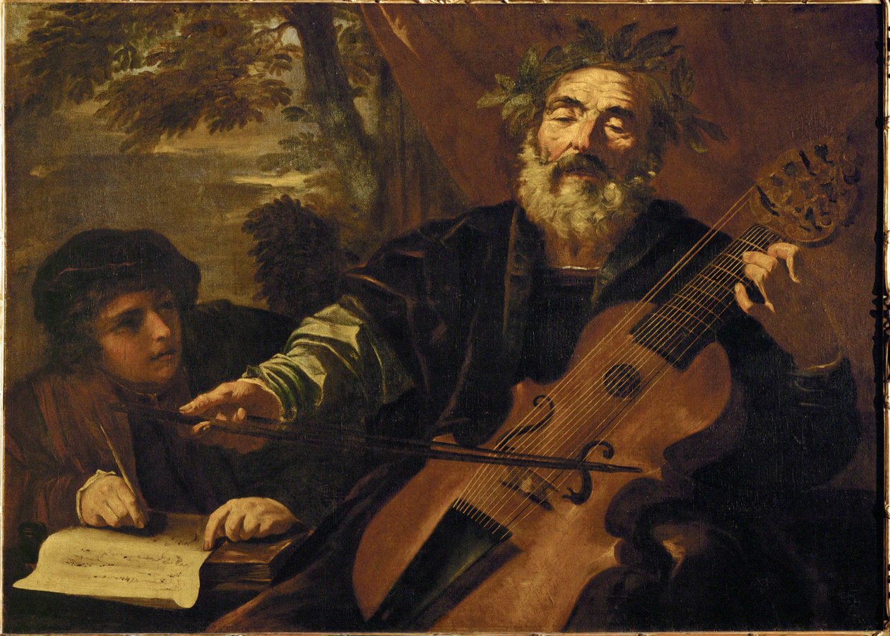 Der Dichter Homer mit einer Lyra da Gamba, einem Instrument zur Begleitung von Balladen von Pier Francesco Mola