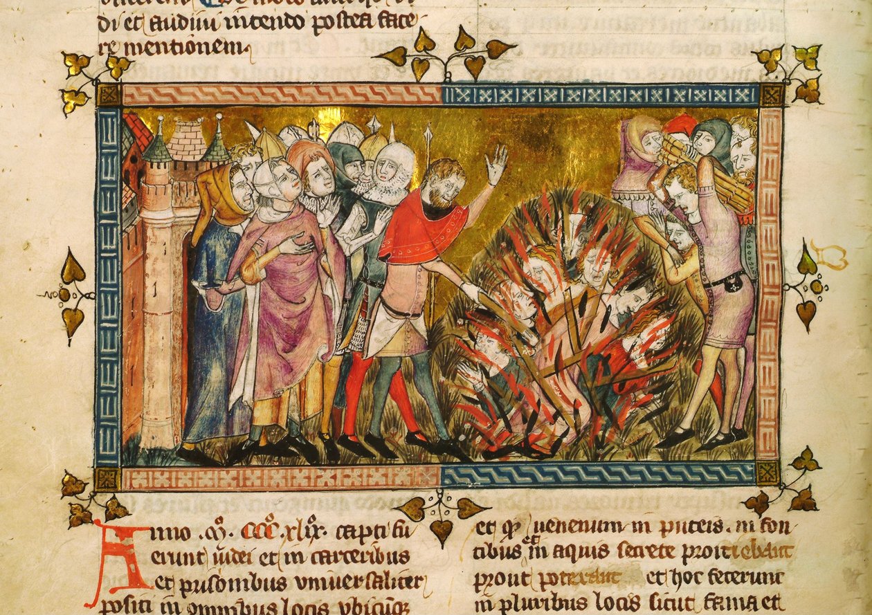 Verbrennung der Juden im Jahr 1349. Miniatur aus: Tractatus quartus von Gilles de Muisit, ca. 1353 von Pierart dou Tielt