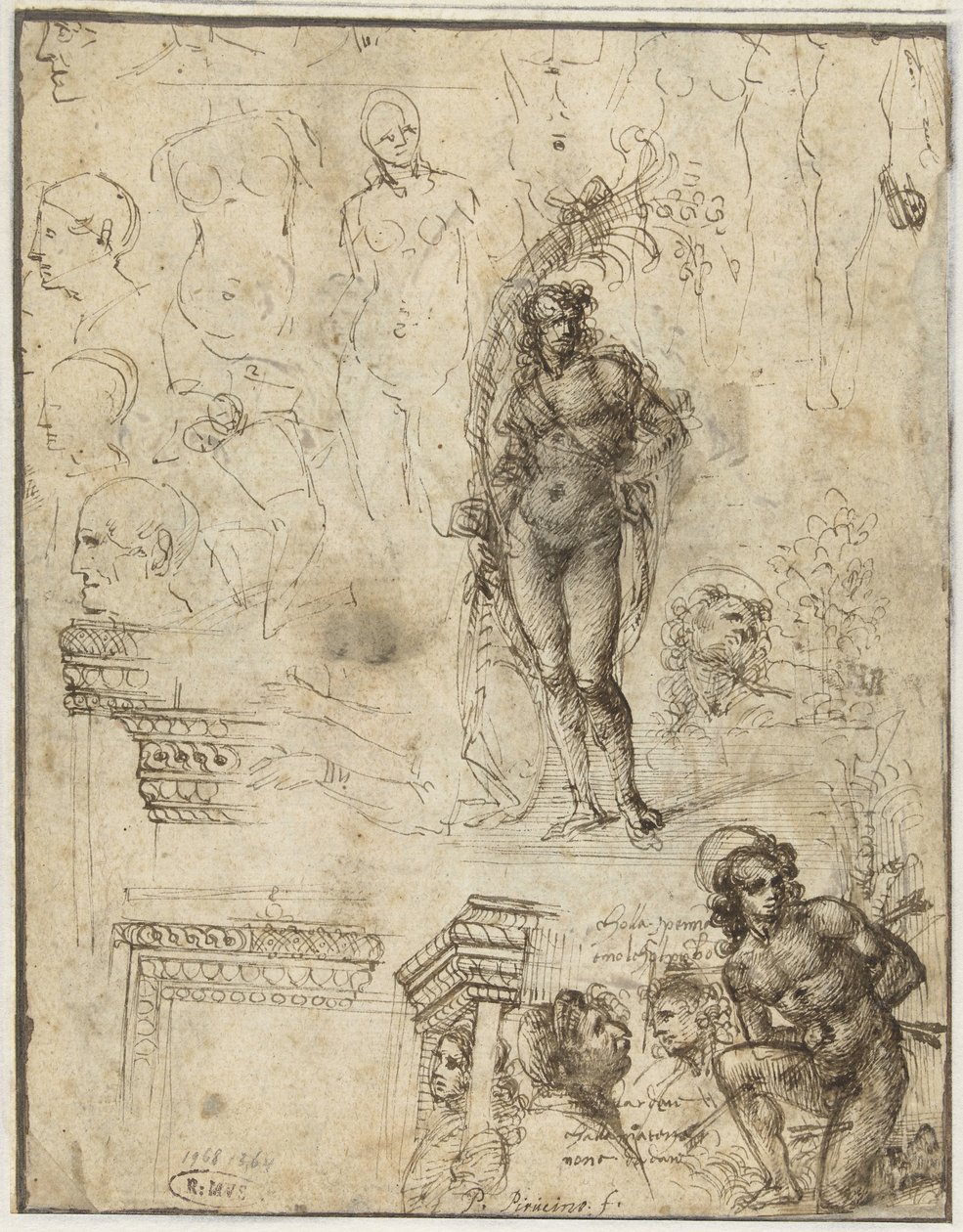 Studienblatt mit Köpfen, Figuren und Architekturfragmenten von Piero di Cosimo (attributed to)