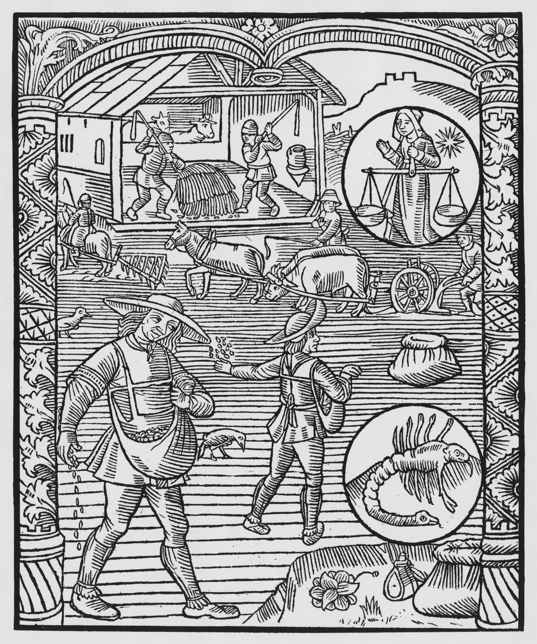 Oktober, Säen, Pflügen und Dreschen, Waage, Illustration aus dem 