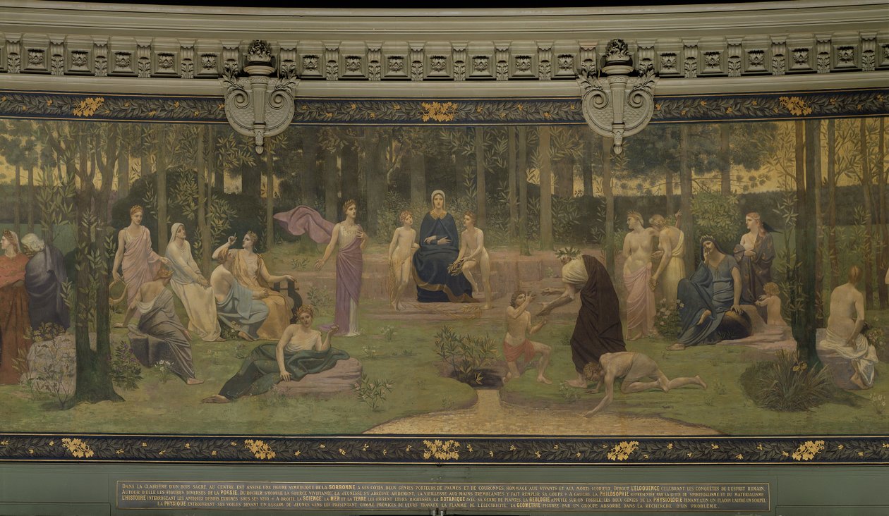 Der Heilige Wald, allegorisches Wandgemälde im Großen Amphitheater, zentrales Detail der Sorbonne, Eloquenz, Poesie, die lebensspendende Quelle und Wissenschaft, 1887-89 von Pierre Puvis de Chavannes