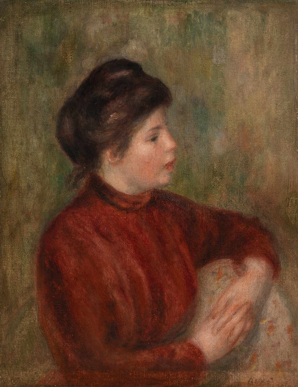 Frau lehnt an einem Stuhl von Pierre-Auguste Renoir
