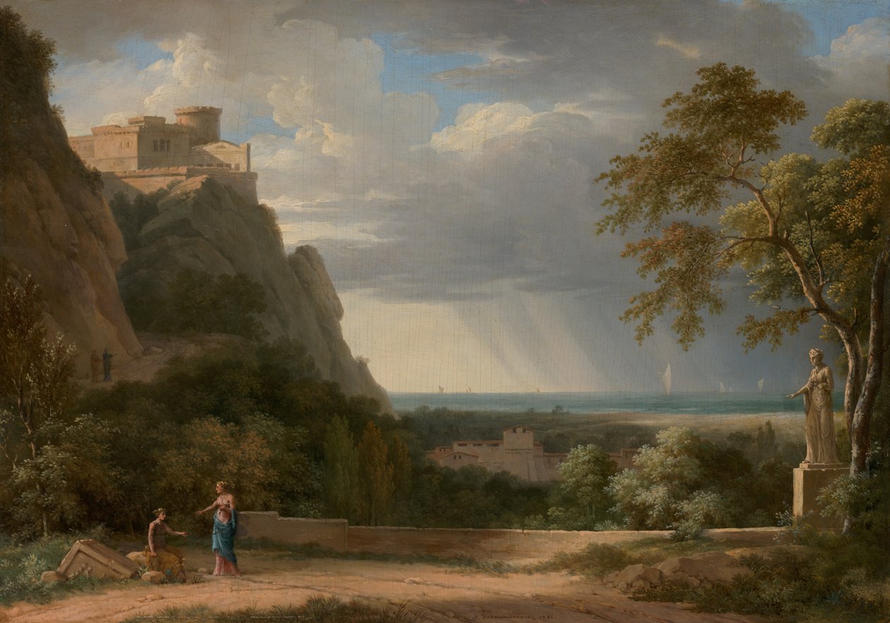 Klassische Landschaft mit Figuren und Skulptur von Pierre-Henri de Valenciennes