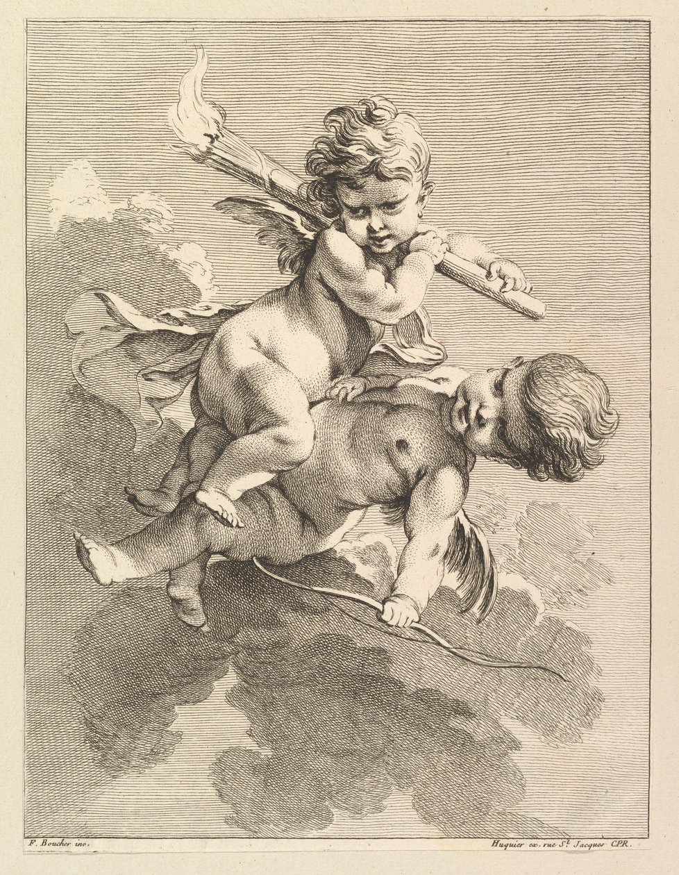 Zwei Cupidos, einer trägt eine Fackel, der andere einen Bogen von Pierre Alexandre Aveline