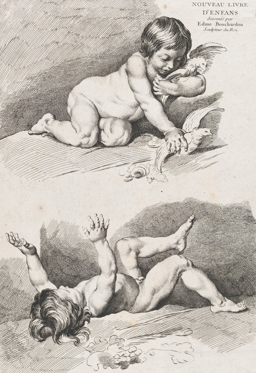 Zwei nackte Kinder spielen mit einem Blatt, aus dem Neuen Buch der Kinder, 1720-60 von Pierre Alexandre Aveline