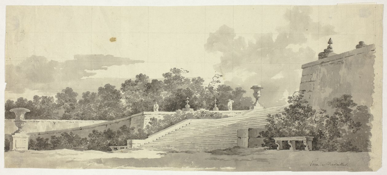 Blick auf den Park von Versailles: Treppe, Urnen und Formschnitte von Pierre Antoine Mongin