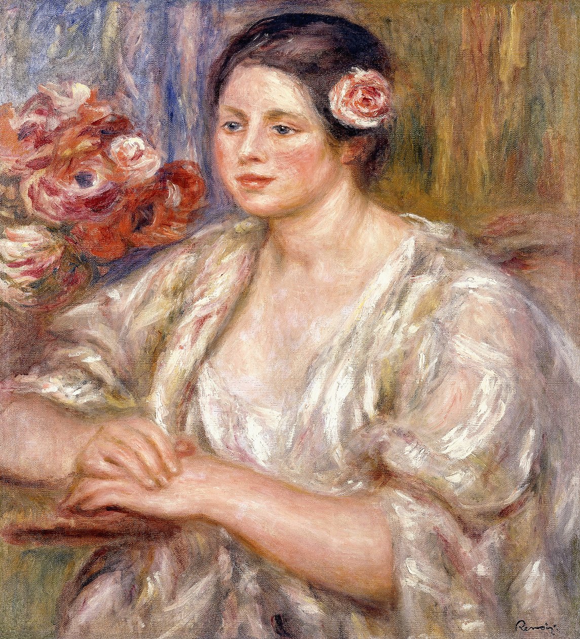Madeleine in einer weißen Bluse und Blumenstrauß, ca. 1915-1919 von Pierre Auguste Renoir