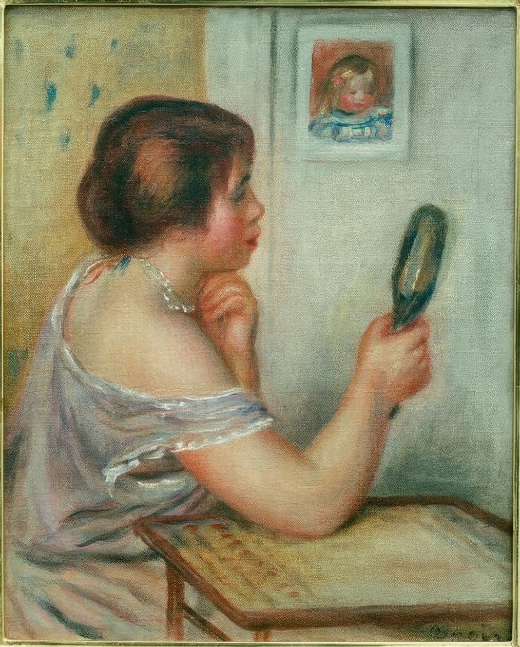 Marie Dupuis hält einen Spiegel mit einem Porträt von Coco von Pierre-Auguste Renoir