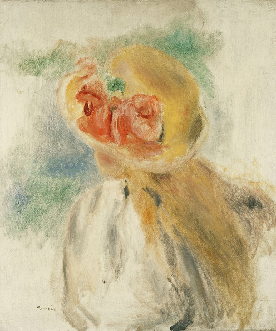 Junges Mädchen mit Blumen im Hut, ca. 1900-1905 von Pierre Auguste Renoir