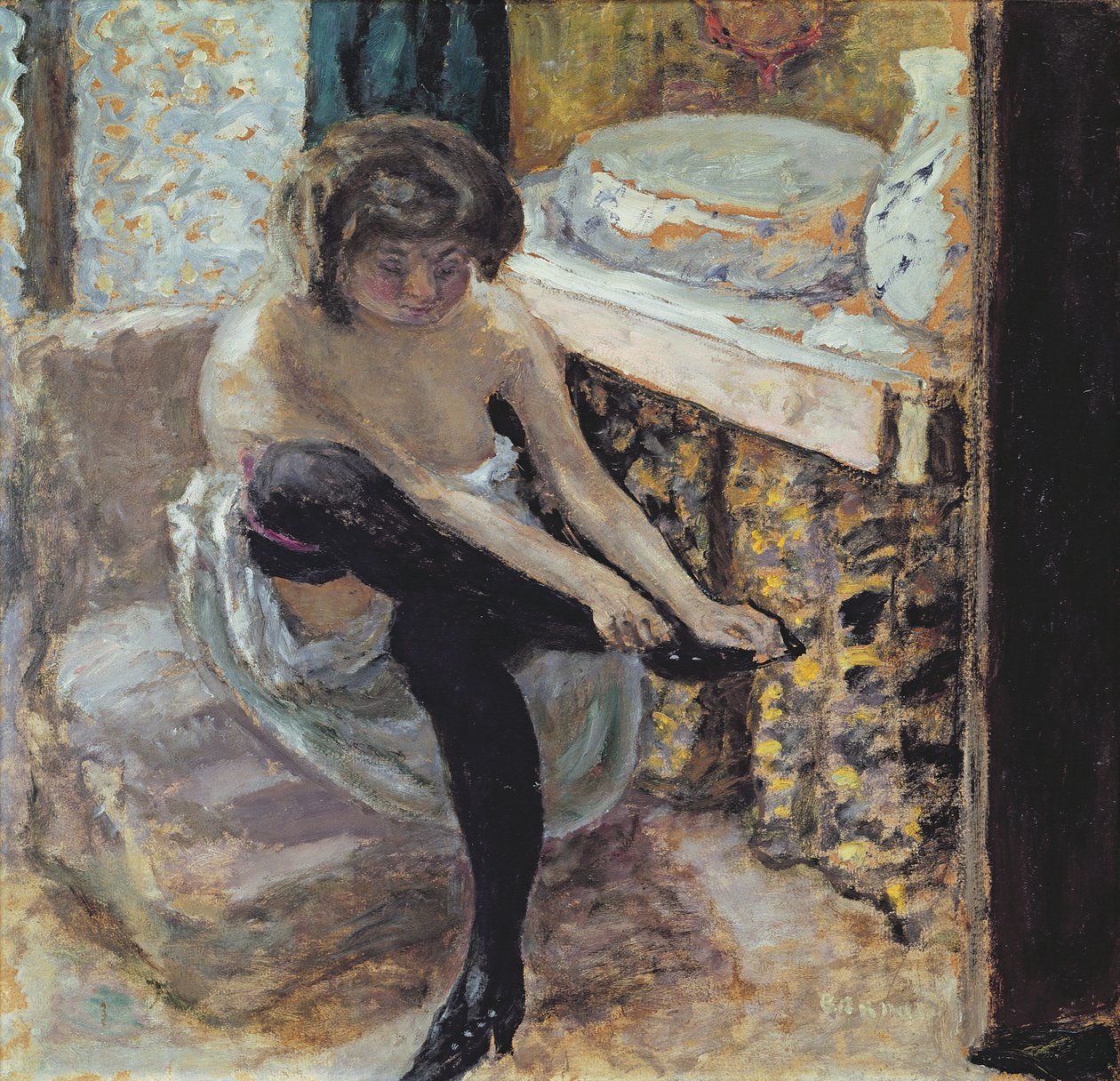 Frau mit schwarzen Strümpfen oder, Frau bei ihrer Toilette, ca. 1900 von Pierre Bonnard