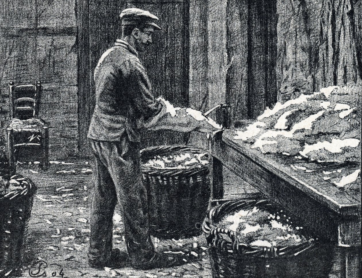 Leder: Spalten von Kaninchenfellen zur Lederherstellung, Gravur aus "Excursion à travers les métiers" von Pierre Calmette, Privatsammlung von Pierre Calmettes