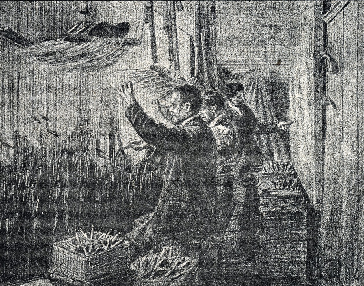 Wandteppich von Aubusson: Die Polsterer arbeiten kopfüber, Gravur aus „Excursion à travers les métiers“ von Pierre Calmette, Privatsammlung von Pierre Calmettes