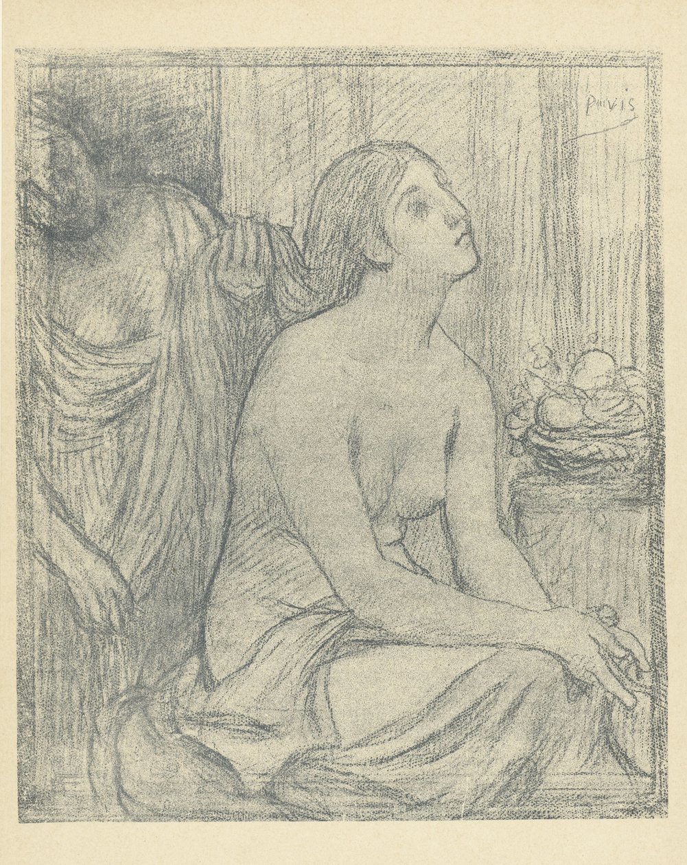 Frau kämmt ihr Haar von halbnackter sitzender Frau von Pierre Cécile Puvis de Chavannes